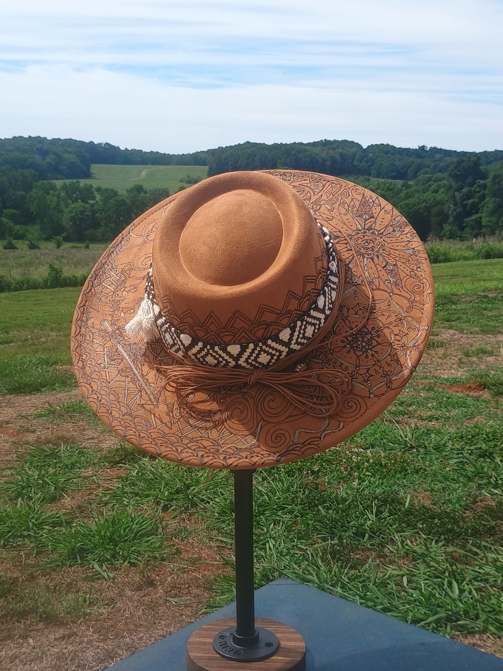 Women's Wide-Brim Tan Boho Embroidered Sun Hat